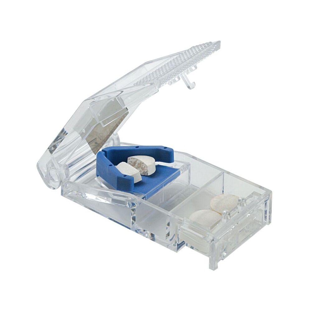 EZY DOSE Pill Cutter og Splitter med lås, Cuts piller, Vitaminer, Tablets, Rustfrit stål Blade, Rejser Sized, Sikker Cut Pills og Vitaminer, Let at bruge, Blå, BPA Free