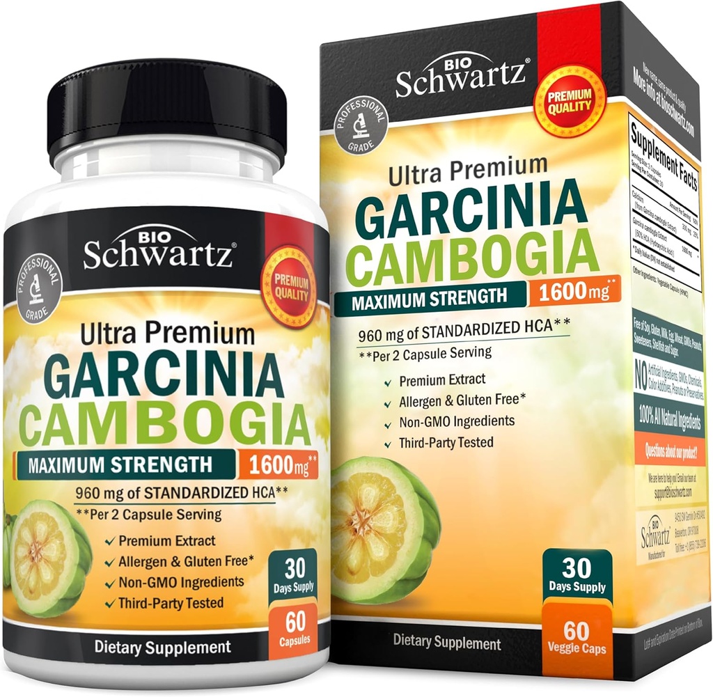 Garcinia Cambogia vægttab piller - maksimal styrke Appetite Suppressant & Fat Burner til mænd og kvinder - 1600 mg naturlig ekstrakt & 960mg HCA - Metabolisme Booster & Carb Blocker kapsler - 60Ct