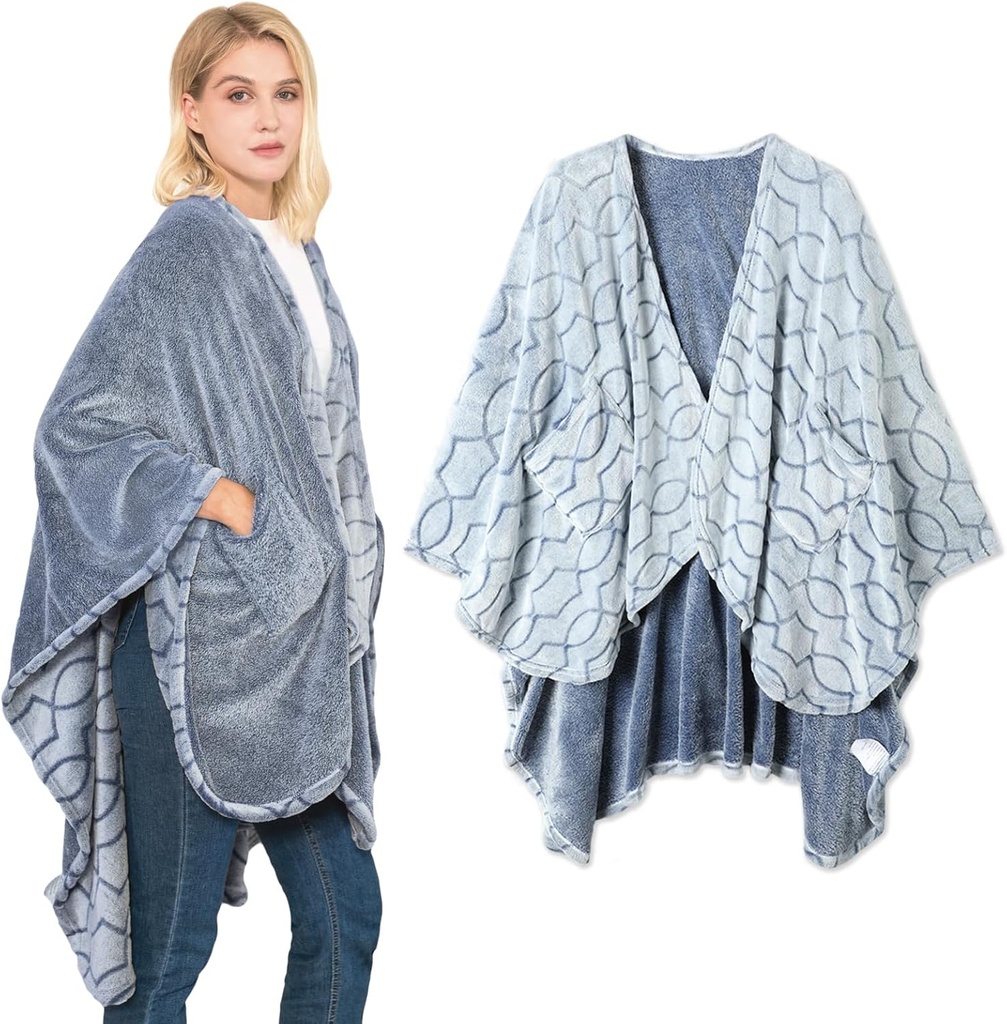 Bcareself Double- Sided Wearable Blanket Ultra Soft Flannel Shawl Blanket, Reversible Blanket, med lommer, for kvinder og mænd