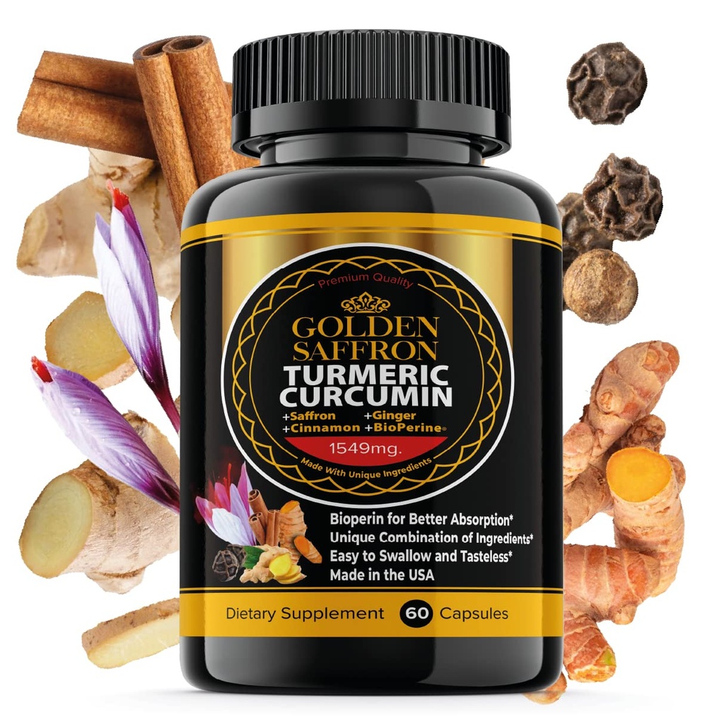 GOLDEN SAFFRON Gurkemeje supplement med bioperine, safran, kanel, og ingefær - høj potens, non-GMO, glutenfri supplement til en bedre effektivitet. Fremstillet i USA