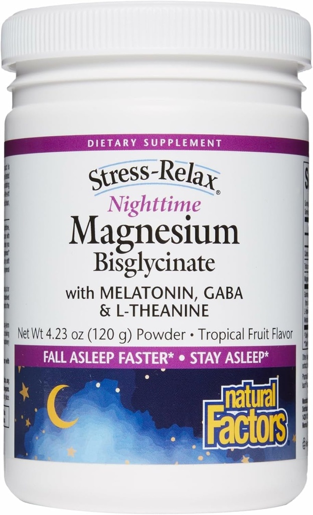 Naturlige faktorer Stress- Relax Nighttime Magnesium Bisglycinate - Understøtter søvn og afslapning * - med Melatonin, L- Theanine & GABA - Tropical Flavor - 4.23 oz