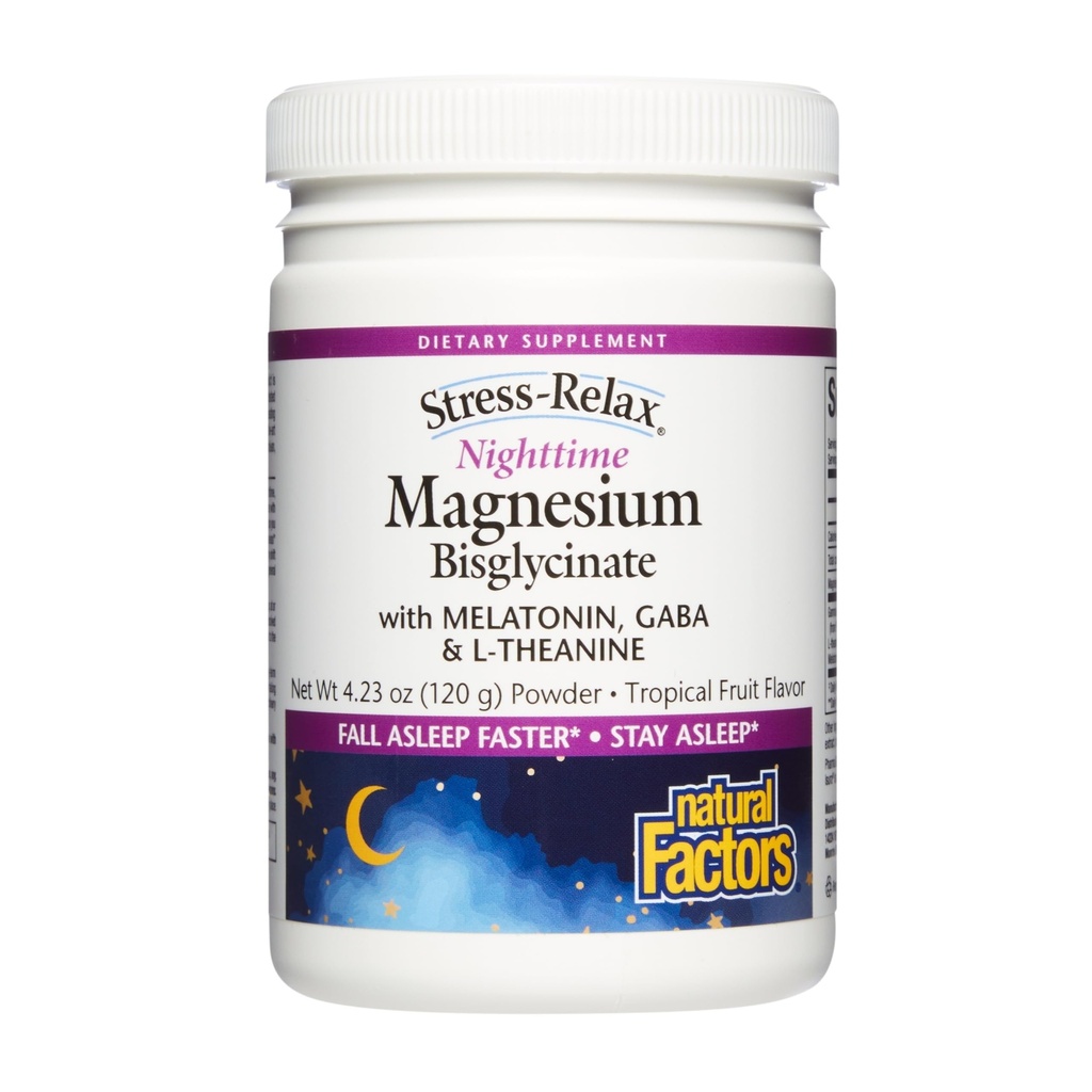 Naturlige faktorer Stress- Relax Nighttime Magnesium Bisglycinate - Understøtter søvn og afslapning * - med Melatonin, L- Theanine & GABA - Tropical Flavor - 4.23 oz