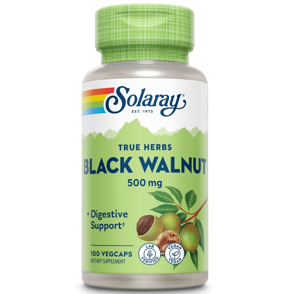 SOLARAY Black Walnut 500 mg - Hel Hull - Traditional Herbal Support Formel - Non- GMO Verified, Vegan, Lab Verified - 60- Day Garanti - 100 Servere, 100 VegCaps