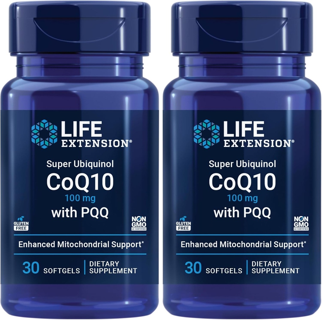 Life Extension Super Ubiquinol CoQ10 med PQQ, CoQ10, PQQ, shilajit, Heart Health, Cellular Energy Support, 8X Better Absorption, Gluten- Free, 100 mg, 30 softgel (Pack of 2)