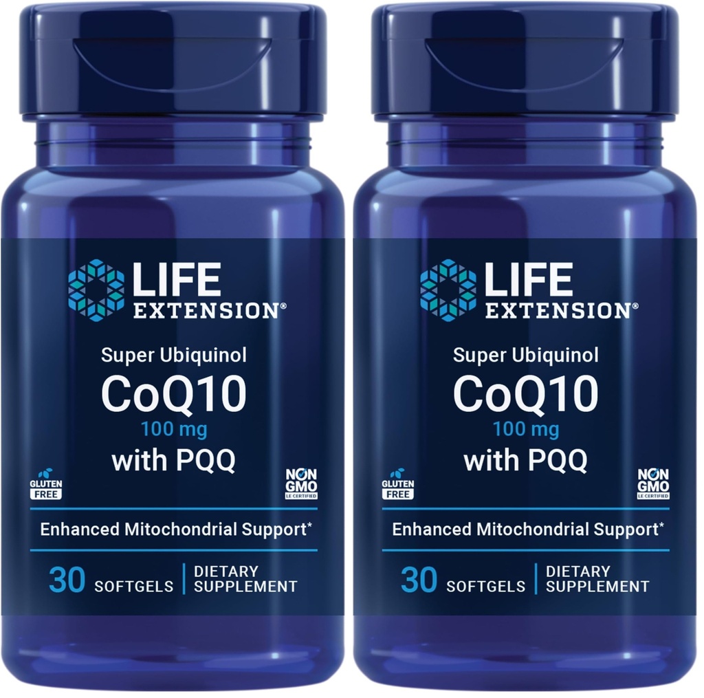 Life Extension Super Ubiquinol CoQ10 med PQQ, CoQ10, PQQ, shilajit, Heart Health, Cellular Energy Support, 8X Better Absorption, Gluten- Free, 100 mg, 30 softgel (Pack of 2)