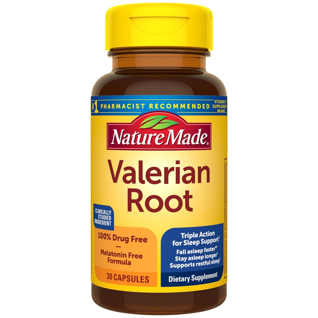 Nature Made Valerian Root for Sleep Support, Melatonin gratis sovehjælp til voksne, 30 Valerian Root Kapsler, 30 dages forsyning
