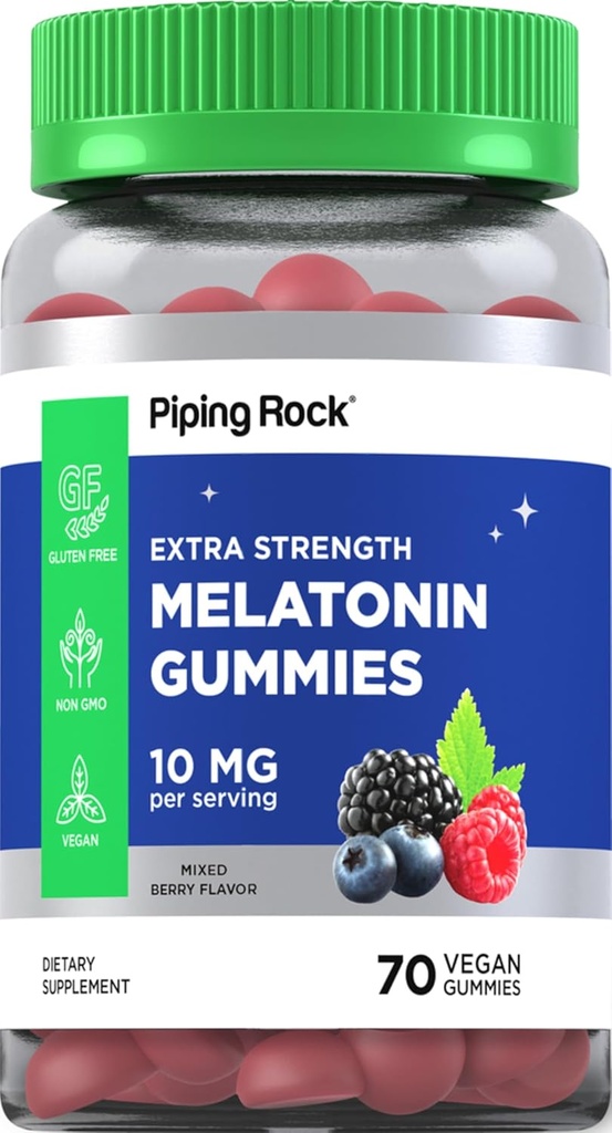 Piping Rock Melatonin Gummies 10mg | 70 Vegan Adult Gummies | Berry Flavor | Non-GMO, Gluten Free
