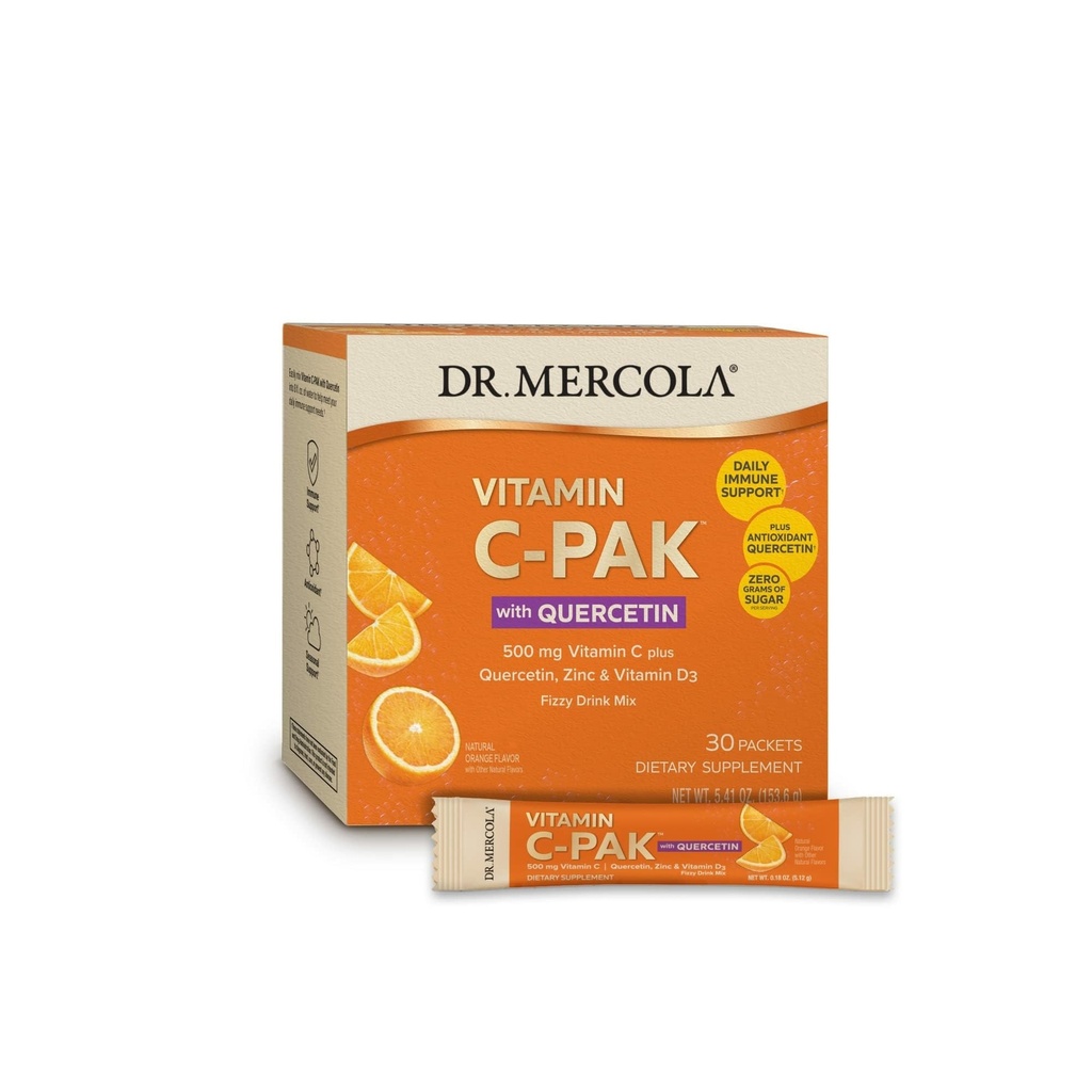Dr. Mercola Vitamin C- PAK med Quercetin - Daglig immunsupportdrik - Zink & D3- vitamin blend - Glutenfri - Effervescent Orange Flavor - 30 Pakker
