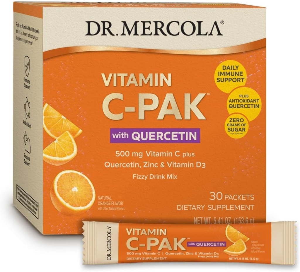 Dr. Mercola Vitamin C- PAK med Quercetin - Daglig immunsupportdrik - Zink & D3- vitamin blend - Glutenfri - Effervescent Orange Flavor - 30 Pakker