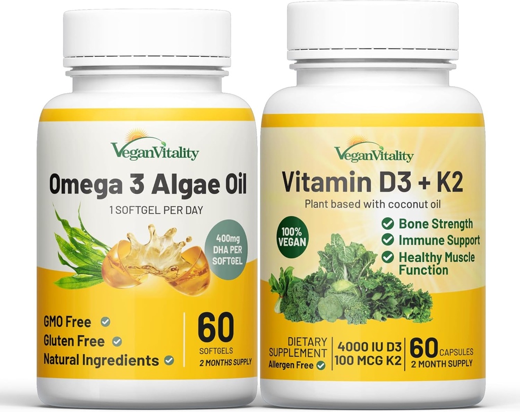 Vegan Vitality Health Booster Bundle - Vegan D3+K2 and Vegan Omega 3 Algae Oil. High Strength Plant Based Formula for Immunity, Energy Overall Health for Vegans and Vegetarians