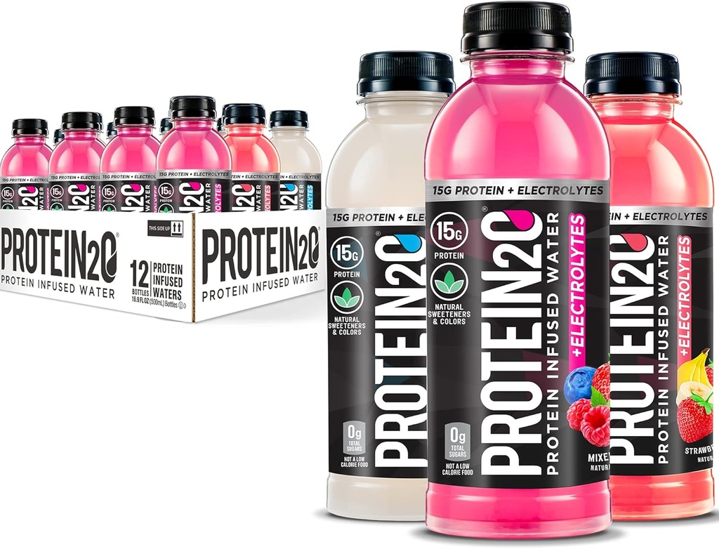Protein2o 15g Whey Protein Isolate Infured Water Plus Electrolytes, Sugar Free Sports Drink, Klar til at drikke, Gluten Free, Lactose Free, Electrolyte Variety Pack, 16,9 fl oz Flaske (12 Greve)