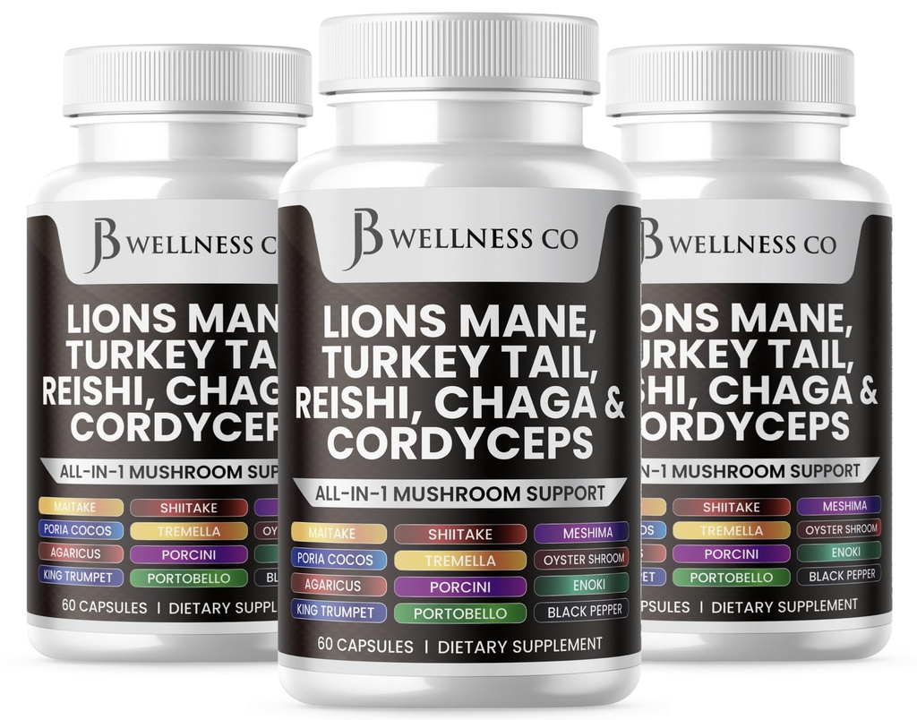 Lions Mane supplement kognitiv støtte, immunforsvar med Tyrkiet Tail 20in1 Mushroom Reishi Cordyceps Chaga med Marshmallow Root -180 Greve