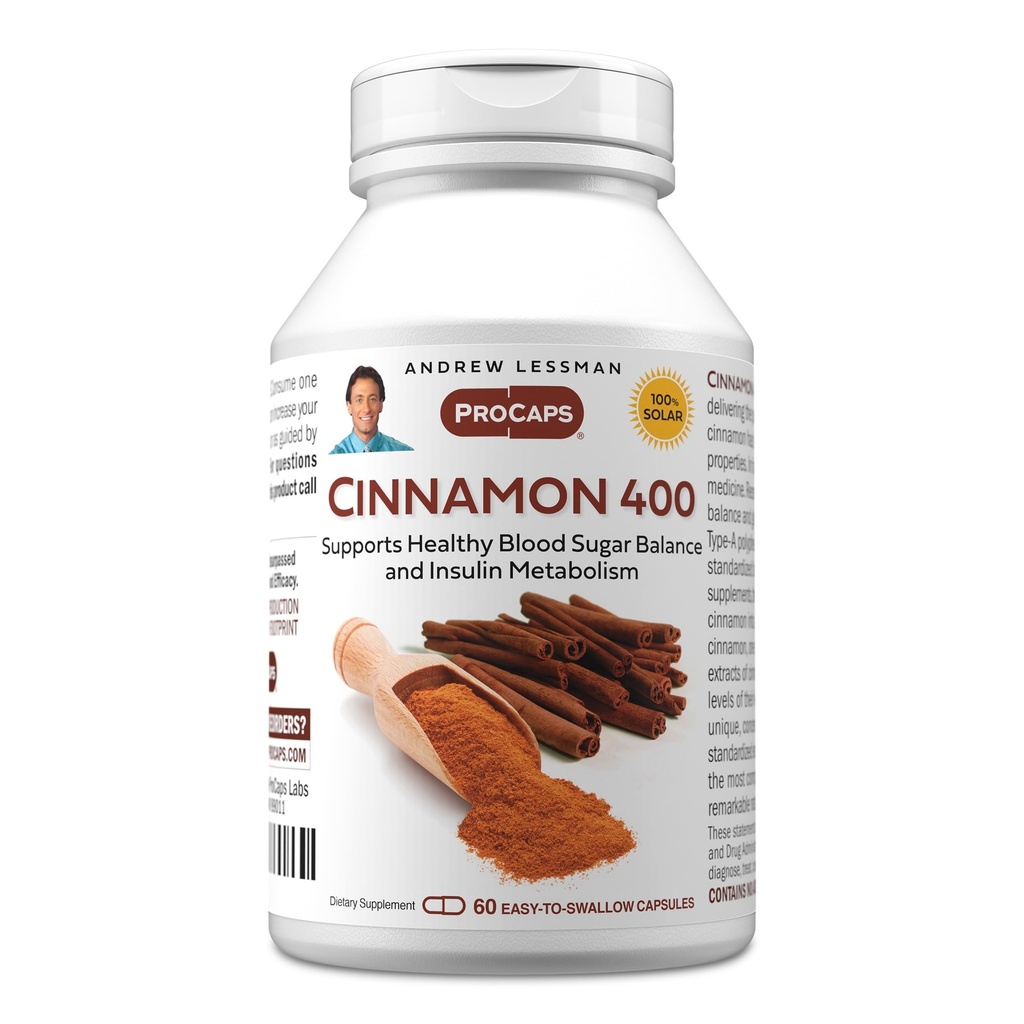 ANDREW LESSMAN Cinnamon 400mg - 60 kapsler - High Potency, Standardized Extract. Ingen tilsætningsstoffer. Lille let at synke kapsler