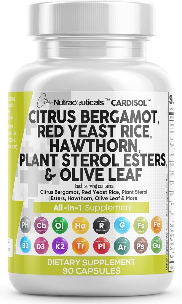 Clean Nutracatives Citrus Bergamot Red Yeast Rice Kapsler med Plant Steroler - med Hawthorn Extract Olive Leaf Niacin Vitamin K3 D3 COQ10 Guggul & mere