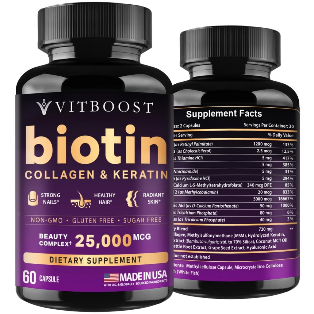 VITBOOST Biotin med Hyaluronsyre, Collagen og Keratin - 25000 mcg hårvækst Vitaminer for mænd og kvinder - Negle og hud, USA Made - Tredjeparts testet, B1, B2, B3, B6, B7 Complex - 60 kapsler