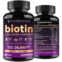 VITBOOST Biotin med Hyaluronsyre, Collagen og Keratin - 25000 mcg hårvækst Vitaminer for mænd og kvinder - Negle og hud, USA Made - Tredjeparts testet, B1, B2, B3, B6, B7 Complex - 60 kapsler