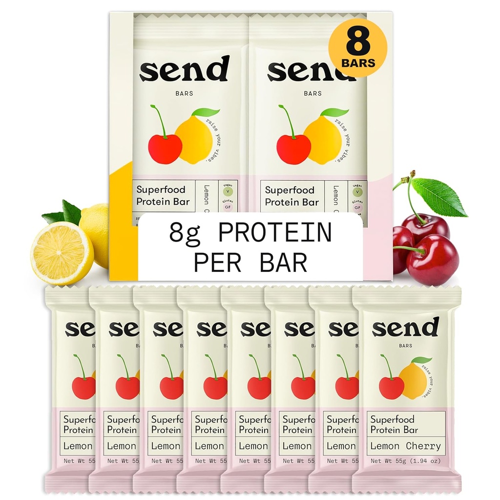 Send Bars Plant-Based Vegan Healthy Protein Bars, With Greens (Lemon Cherry, 8 Bars) – Only Real Ingredients, Zero Added Sugar, Gluten-Free, Dairy-Free