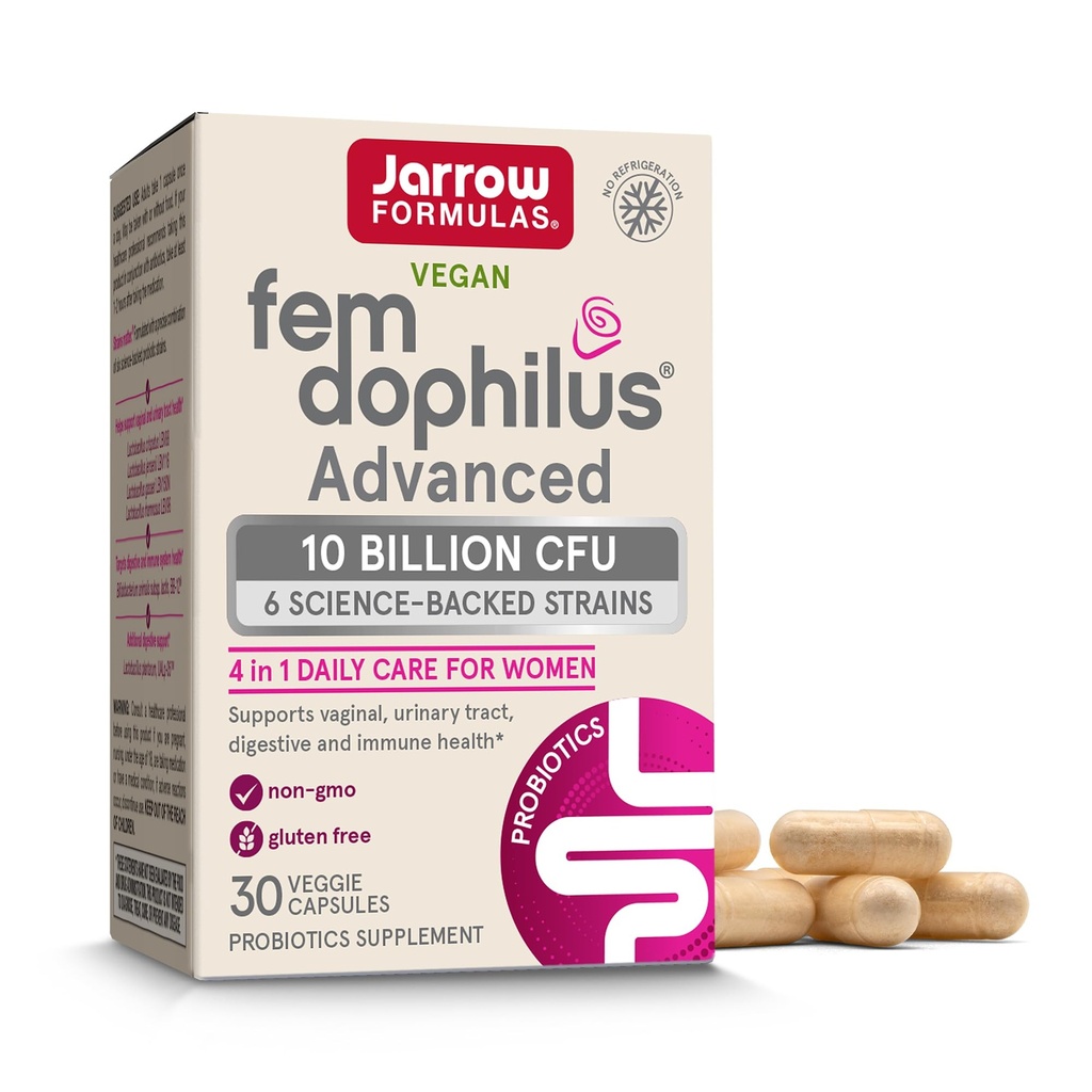Jarrow Formulas Fem- Dophilus Avanceret vaginal & fordøjelsesfremmende Probiotika 10 Millioner CFU Med 6 Clinically- Studerede Strops, For Vaginal, Urinary Tract, Digitalt & Immunforsvar, 30 Kapsler, Shelf- Stable