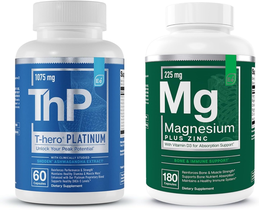 Essentielle elementer Magnesium & zink med vitamin D3 + T- Hero Platinum • 124; Sleep Immuno & Bone + Muscle Growth Support & T- Health