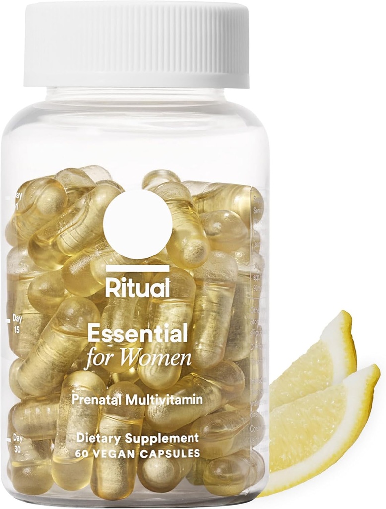 Ritual Essential for Women Prenatal Multivitamin: Folate & Cholin for Neurale Tube Support, Omega-3 DHA for Føtal Brain Development, Iron, Calcium- Helper D3 & K2, Non- GMO, Vegan, Citrus, 30 dage