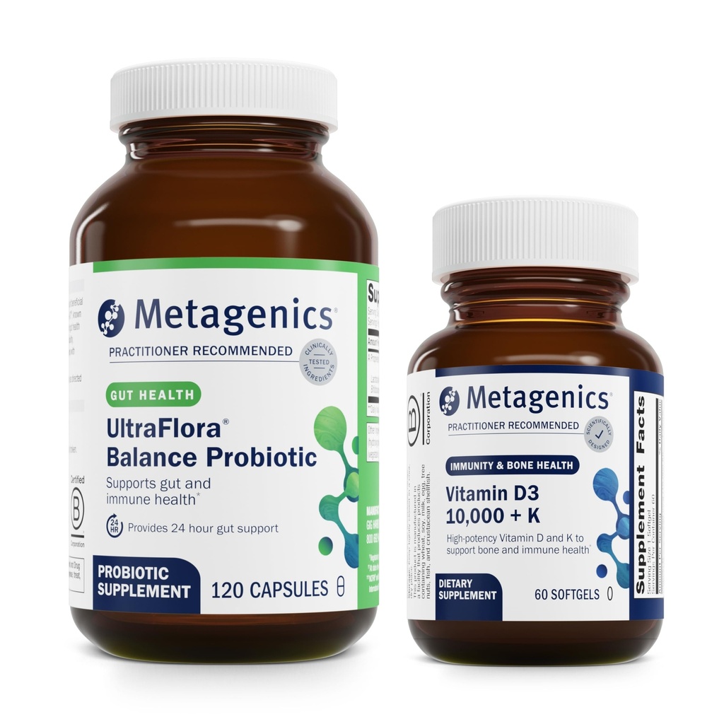 Metagenics Bundle - UltraFlora Balance & D3 10.000 + K - 120 kapsler UltraFlora Balance for fordøjelsessygdomme - 60 bløddele af D3 10.000 + K for immunforsvar, ben sundhed & hjerte sundhed