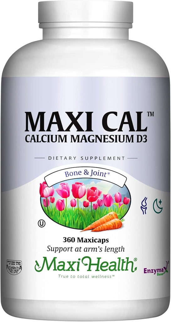 Maxi Health Calcium 1000 mg tillæg med D3- vitamin (1000 IE) og Magnesium (500 mg) - Knogler, tænder og fælles støtte til mænd og kvinder - 360 kapsler - Maxi Cal