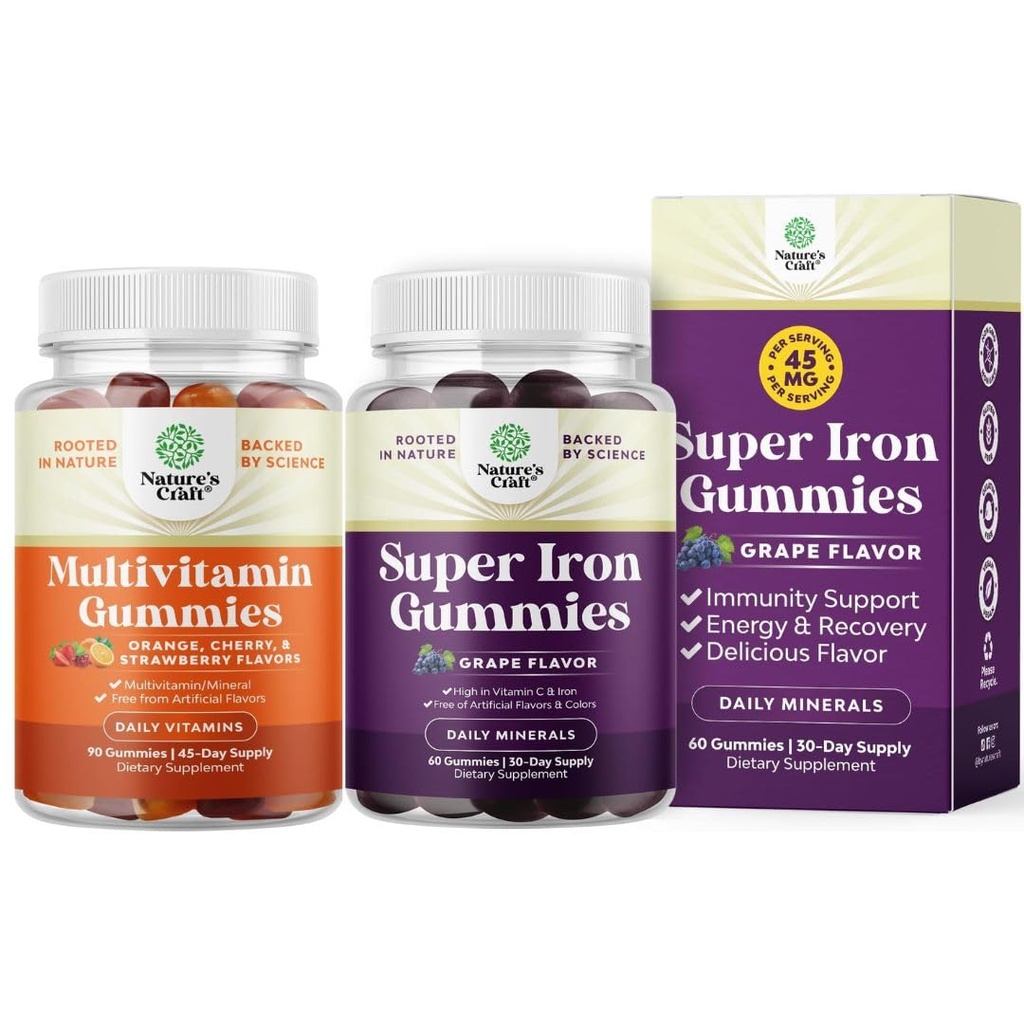 Bundle af Multivitamin Gummy med B12 Biotin med zink & D-vitamin og ekstra styrke jern gummier for kvinder og mænd - Potent 45mg pr Servering Chewable Jern Supplement for kvinder og mænd med Vit C