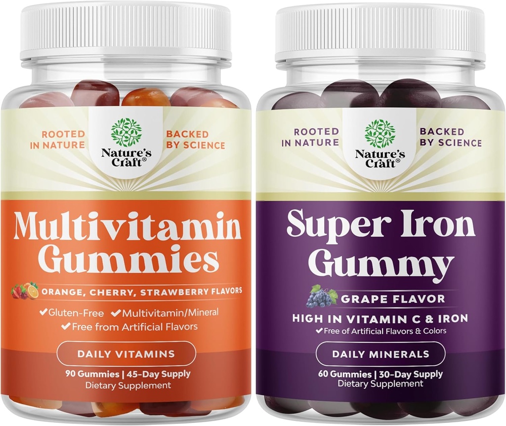 Bundle af Multivitamin Gummy med B12 Biotin med zink & D-vitamin og ekstra styrke jern gummier for kvinder og mænd - Potent 45mg pr Servering Chewable Jern Supplement for kvinder og mænd med Vit C