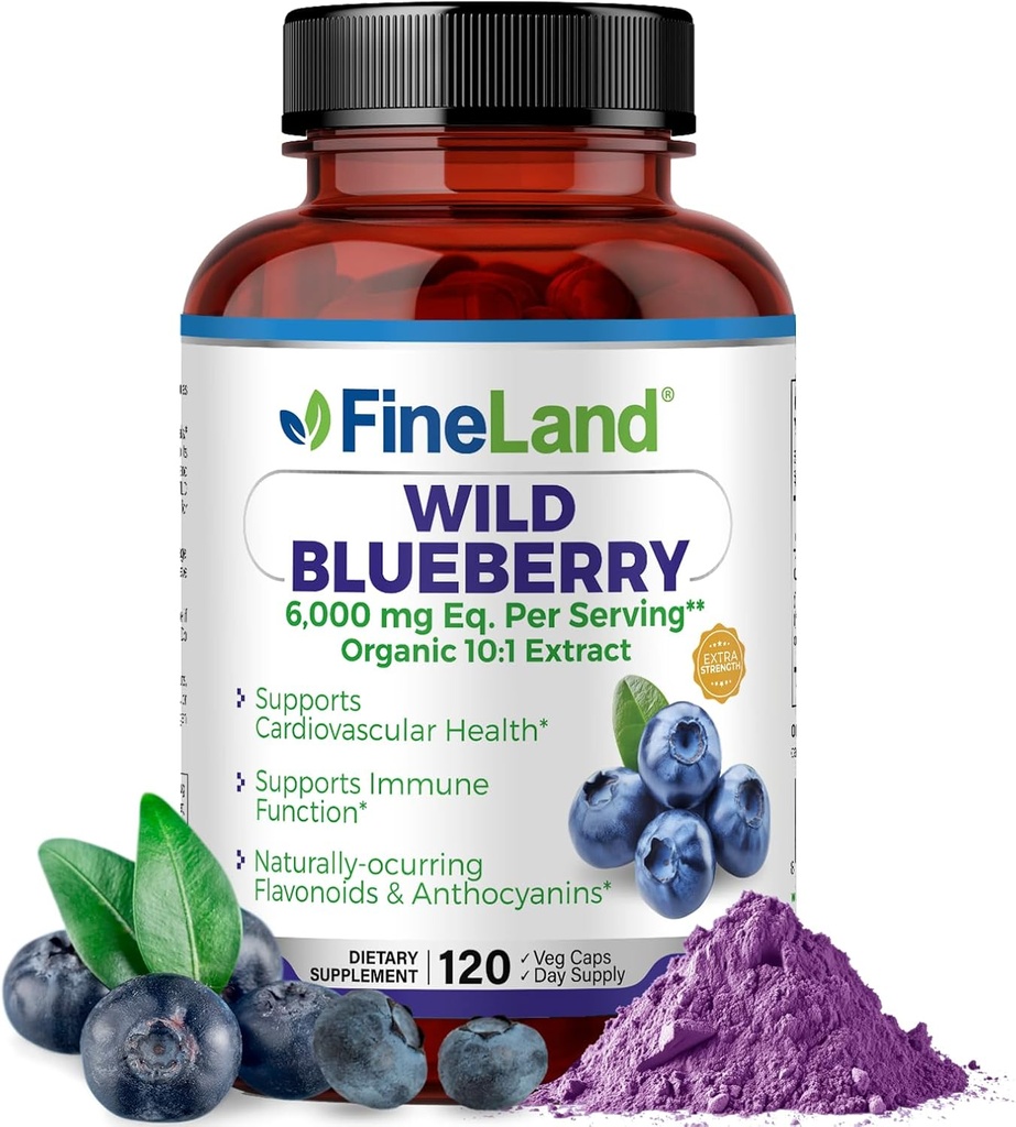 FineLand Wild Blåbær 10: 1 Uddrag, 6 000 mg Styrke, 120 Veganske Kapsler, Rich in Flavonoider & Antocyaniner, Antioxidant Support for Brain & Heart Health, 4 - Måned Supply, Non- GMO Made in USA