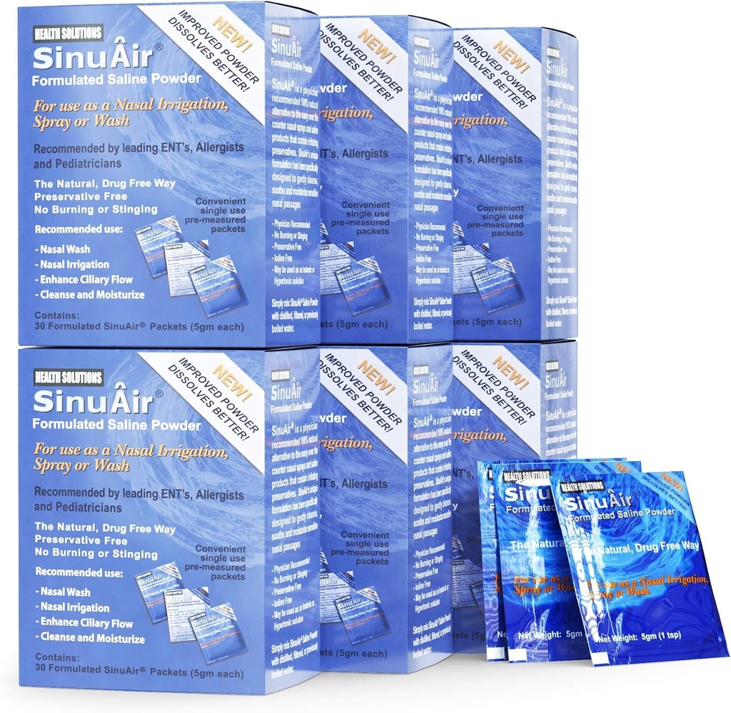 SinuAir Sinus Rinse Salt Salt Solution - Saline Powder til SinuPulse System, Neti Pot Flush, Nasal Wash Squeeze Flaske, & Næsevanding, Forbedret formering og rengøring for sinuser, 180 Pakker