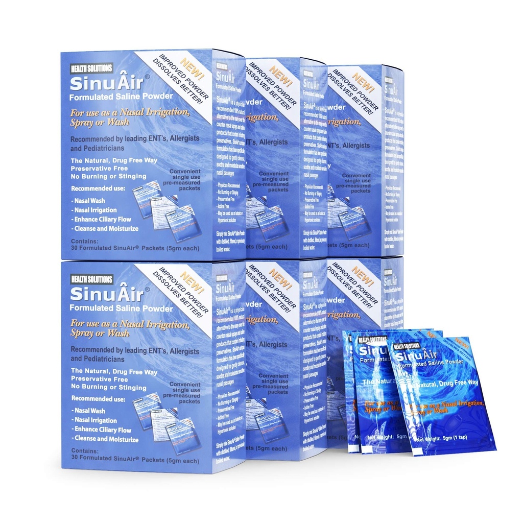 SinuAir Sinus Rinse Salt Salt Solution - Saline Powder til SinuPulse System, Neti Pot Flush, Nasal Wash Squeeze Flaske, & Næsevanding, Forbedret formering og rengøring for sinuser, 180 Pakker