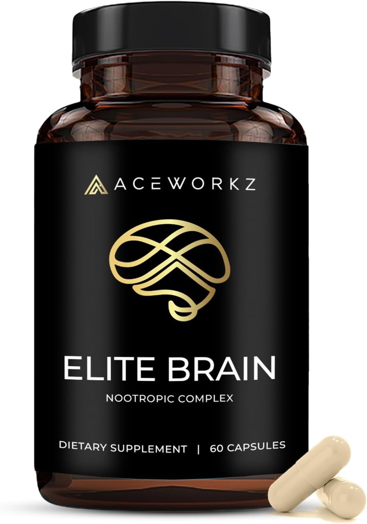 Elite Brain - Nootrop supplement til fokus, hukommelse & mental Clarity - ALCAR, Lions Mane, ALA, L-Theanin, vitamin B Complex - Natural Energy, Caffe- Free (60 kapsler)