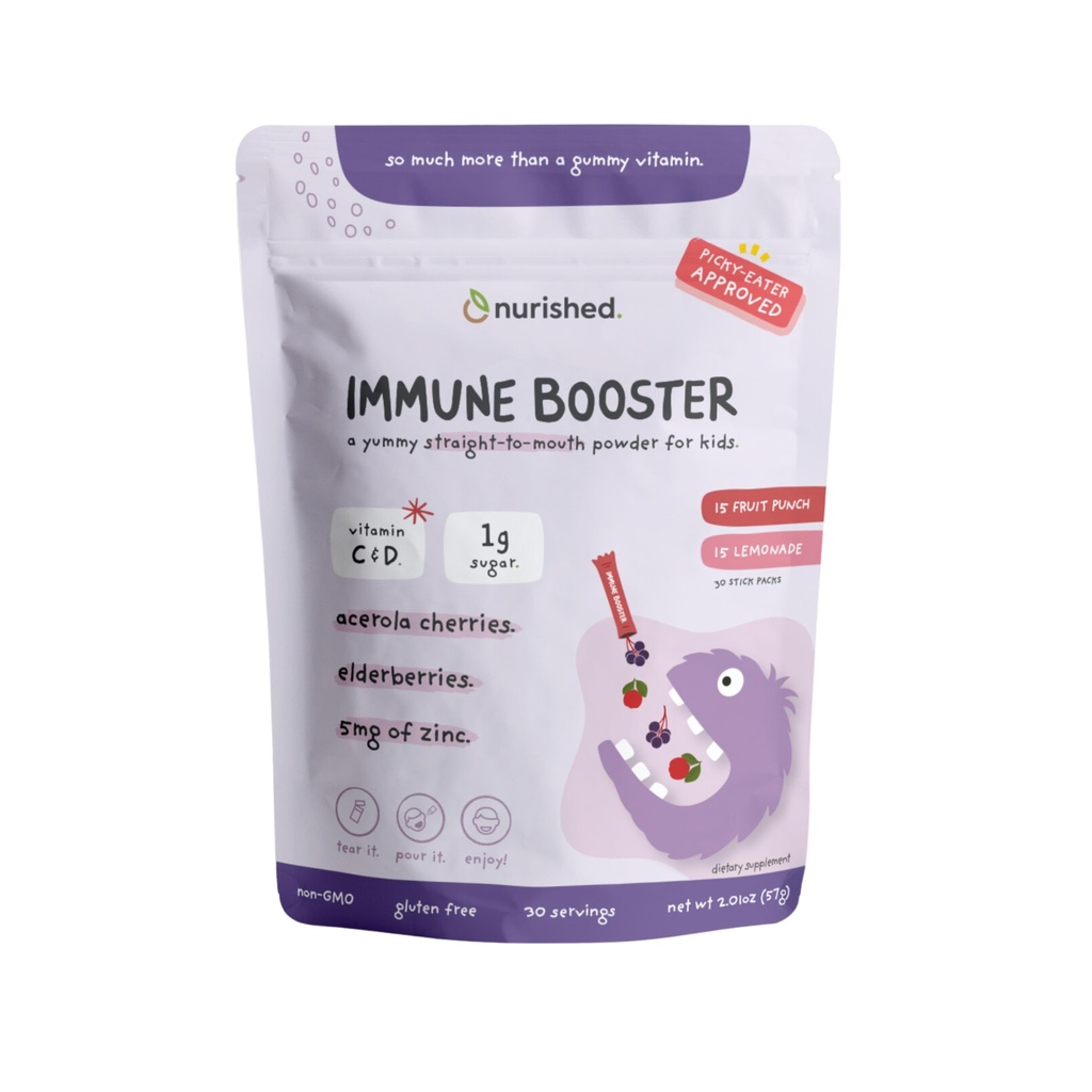 Kids Immunbooster med Elderberry, Acerola Cherry, Zink, Vitaminer C & D - Straight-to- mund pulver - 30 Servere - 2 Artikker
