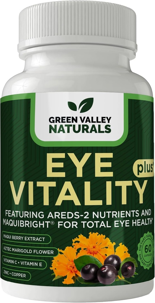GREEN VALLEY NATURALS Eye Vitality Plus supplement, med Areds-2 næringsstoffer, Maquibright, Marigold Flower, Vitamin C & E, Zink, kobber, 60 kapsler (1)
