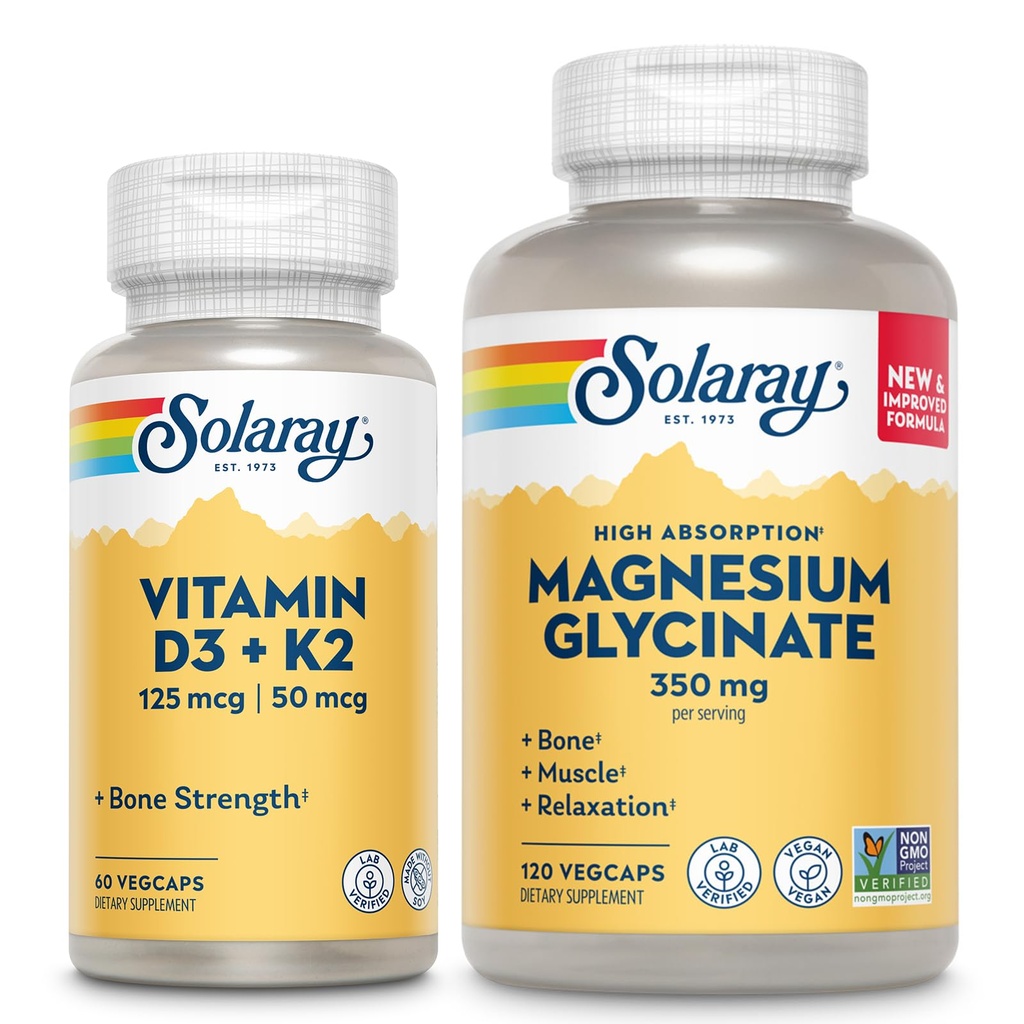 SOLARAY Vitamin D3 K2 og Magnesium Glycinate - Knoglehelseknolding - Calcium Absorption, Nerve, Heart and immunsupport w / 5000 IE D vitamin, 350 mg chelated Magnesium, 60- dag garanti, 60ct / 120ct