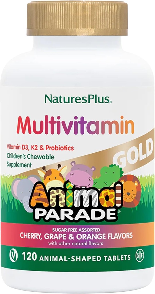 NaturesPlus Animal Parade Gold Children 's Multivitamin - Assorted Cherry, Orange & Grape Flavors - 120 Animal- Shaped Chewable Tablets, Pack of 3 - Vegan, Gluten Free - 180 Total Servering