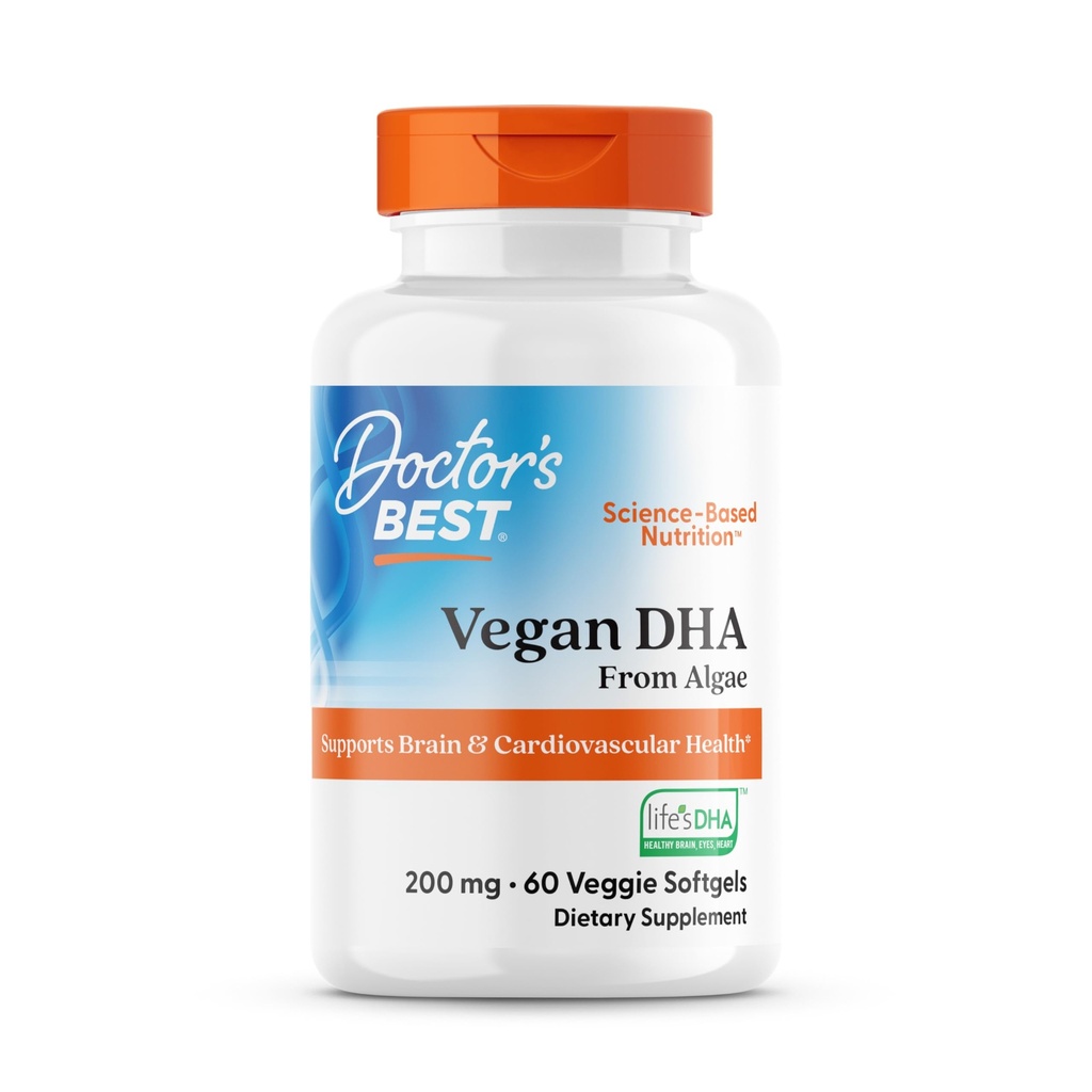 Læger Bedste Vegan DHA fra Alger, Understøtter Brain & Cardiovaskulære Sundhed, Non- GMO, Gluten Free, Soy Free, Vegan 60 Veggie Softgels