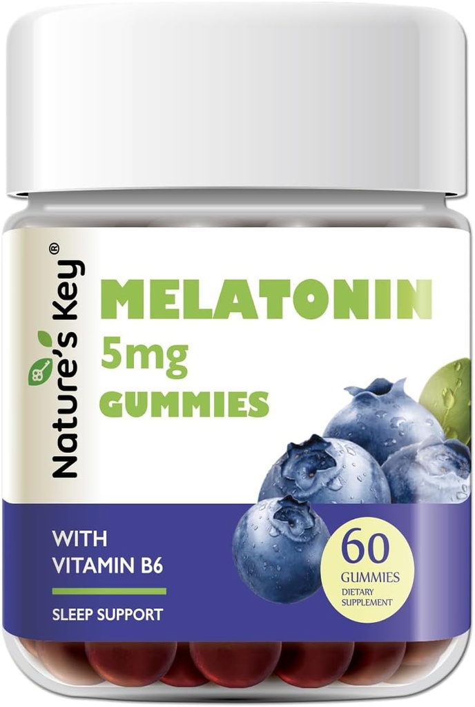 Nature 's Key Melatonin Gummies for Kids & Voksnes, 5 mg dose Gummy with Vitamin B6, Non-GMO, Gluten- Free- Natural Blueberry Flavor 60 Greve