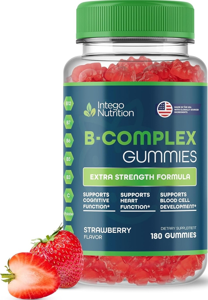 Vitamin B Complex Gummies for voksne, B Complex Vitamin Supplement for kvinder og mænd, B Vitamin Complex Gummies for energi og hjerne sundhed, Natural Strawberry Flavor, 180 Tæl