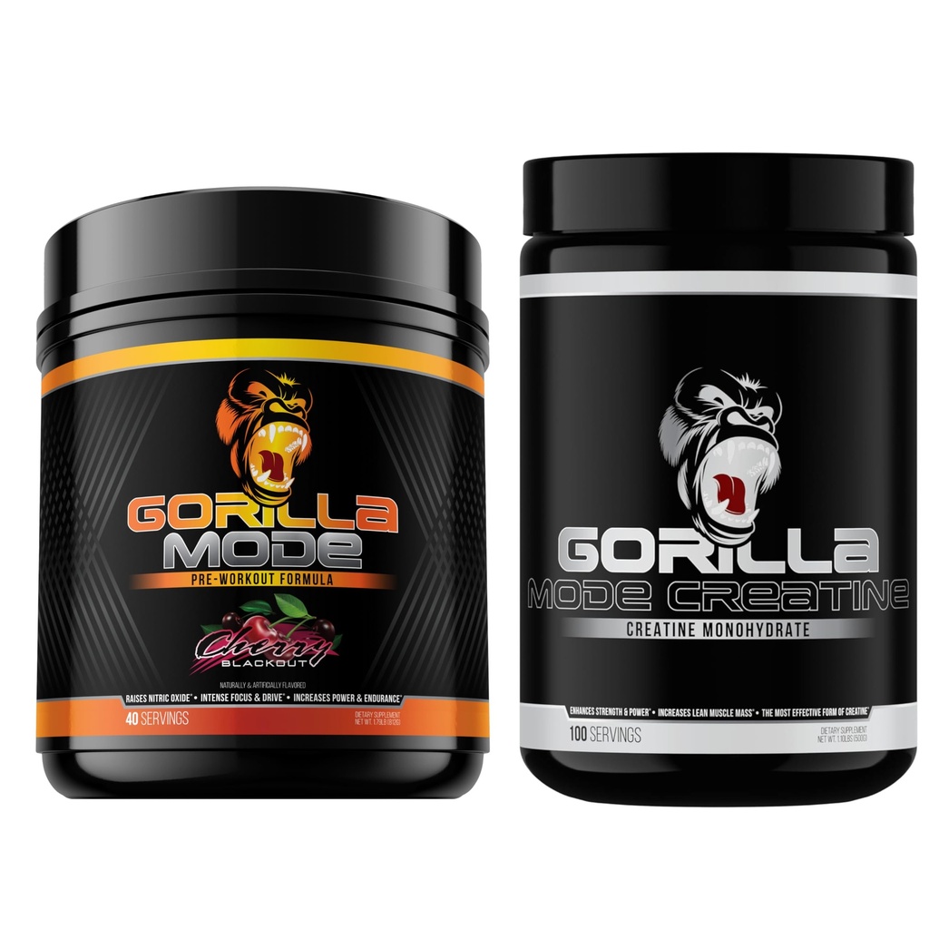 Gorilla Mind Pre Workout (Cherry) + Creatin (100 Serv.) - Omfattende stak for forbedret styrke, effekt og muskelstørrelse