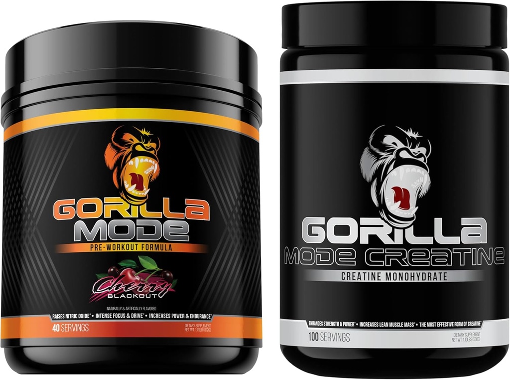 Gorilla Mind Pre Workout (Cherry) + Creatin (100 Serv.) - Omfattende stak for forbedret styrke, effekt og muskelstørrelse