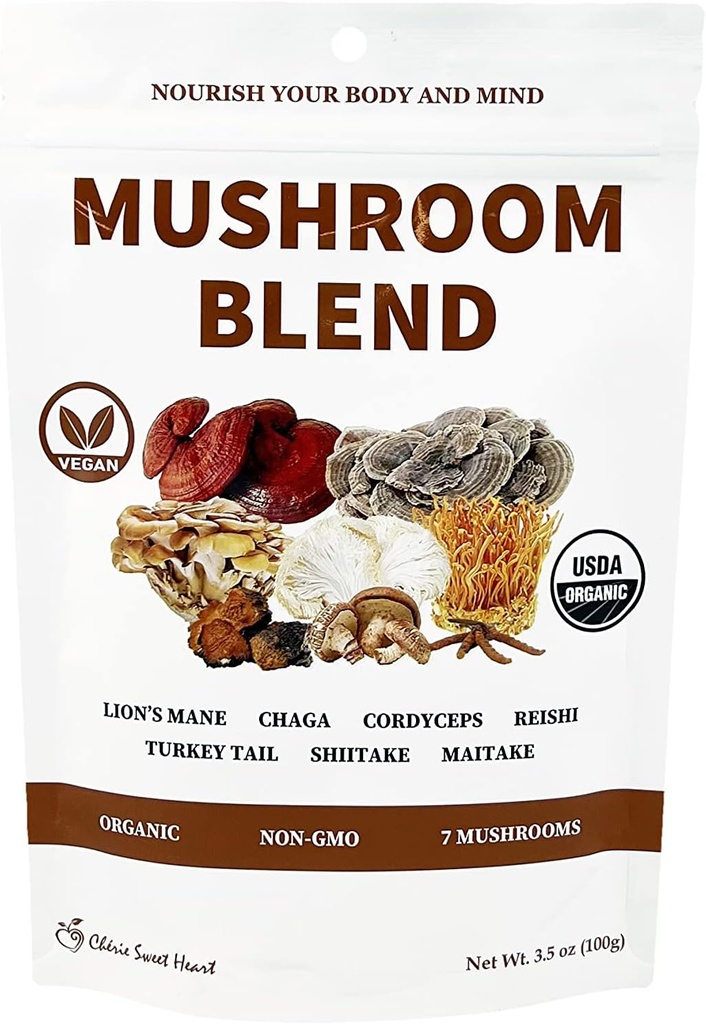 Cherie Sweet Heart 7 Mushroom Extract Powder - USDA Organic Superfood Blend with Lion 's Mane, Reishi, Cordyceps, Maitake, Shiitake, Tyrkiet Tail & Chaga - Vegan, Non- GMO, Gluten- Free - 3,5 oz