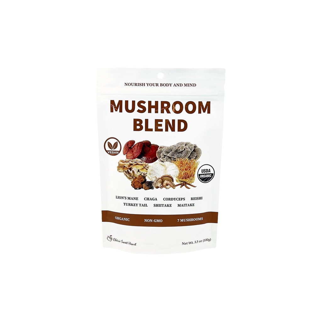 Cherie Sweet Heart 7 Mushroom Extract Powder - USDA Organic Superfood Blend with Lion 's Mane, Reishi, Cordyceps, Maitake, Shiitake, Tyrkiet Tail & Chaga - Vegan, Non- GMO, Gluten- Free - 3,5 oz