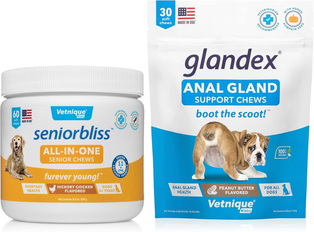 VETNIQUE Seniorsabs All- in- One Multivitamin Chews for Senior Dogs (60ct) & Glanddex Anal Gland Support Peanut Butter Soft Chews for Dogs (30ct) Bundle