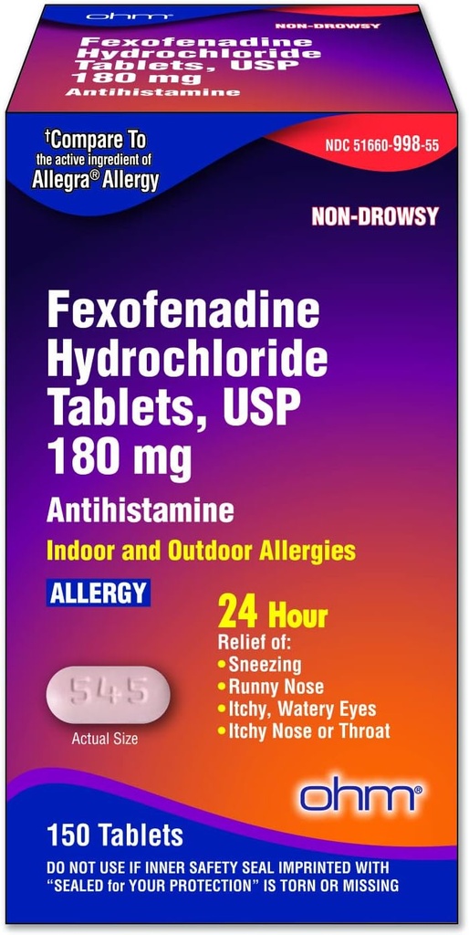 Ohm Allergi Medicin Fexofenadin 180 mg - 24 timers lindring for nysen og allergi symptomer, Non- Drowsy - 24-timers antihistamin tabletter for effektiv lindring - 150 greve (Single Pack)