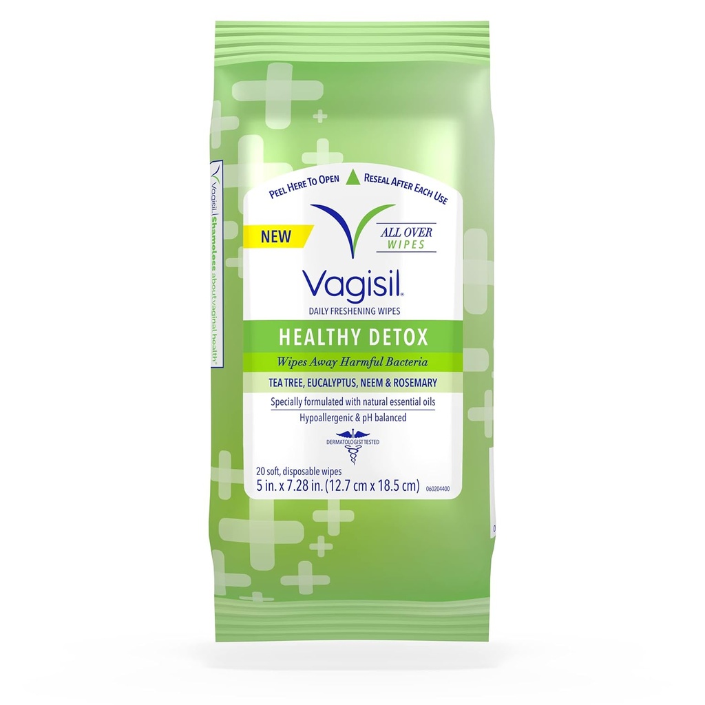 Vagisilservietter til all Over Cleaning, Health Detox, Formuleret med essentielle olier, 20 servietter i en Re- Sealable Pouch (pakke med 1)
