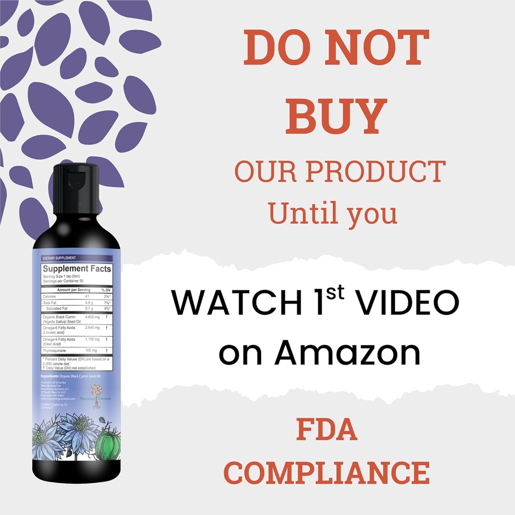Organic Black Cumin Seed Oil- USDA- Cold Pressed -op til 6X Stærkere Thymoquinone- Pure Nigella Sativa Cumin Frø - Premium supplement til immunforsvar, Antioxidant, Opkalkning, Hud og hår (8.5 oz)