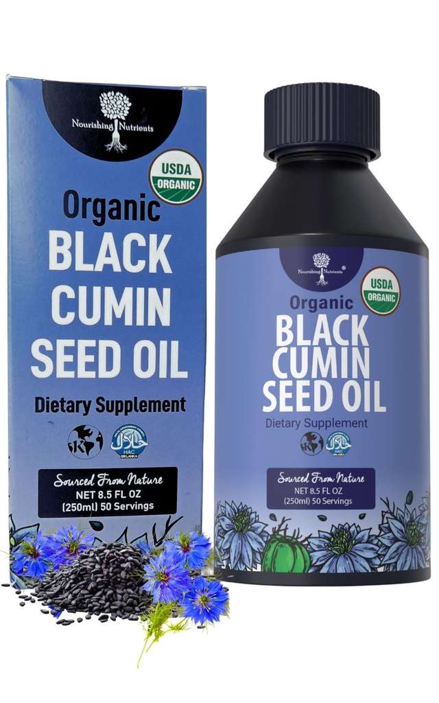Organic Black Cumin Seed Oil- USDA- Cold Pressed -op til 6X Stærkere Thymoquinone- Pure Nigella Sativa Cumin Frø - Premium supplement til immunforsvar, Antioxidant, Opkalkning, Hud og hår (8.5 oz)