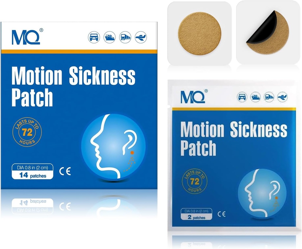 MQ 14ct Motion Sygdom Patches Non Drowsy, Sea Sygdom Patches for Cruise Travel Essentials, Vandtæt Patch Bag Øre for Bilfly Højde Sygdom, Lang Sidste 72H