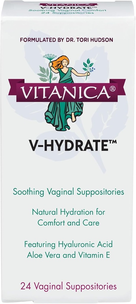 Vitanica V- Hydrat, Hyaluronsyre Vaginal Suppositorier til Comfort og Vaginal Hydration med Aloe Vera og E-vitamin, Hormone- Free & Drug- Free, Vegan, 2 Month Supply, 24 Count